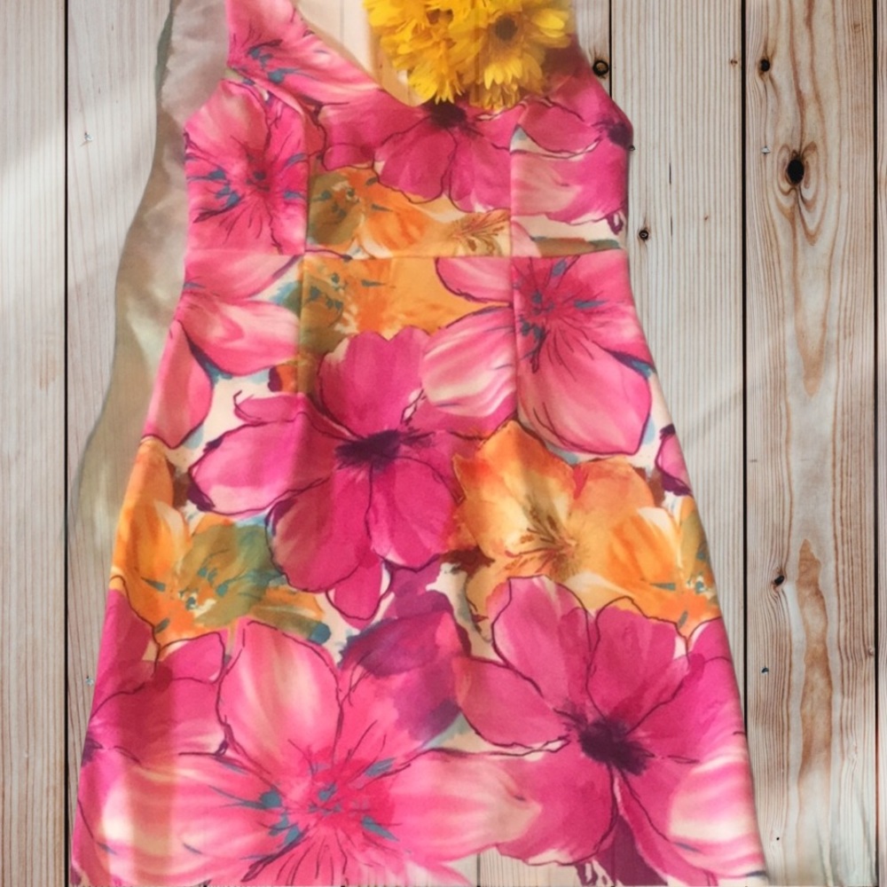 🔥REDUCED🔥Fuchsia Pink Floral Print Sleeveless Sheath Lined Dress - Picture 5 of 13